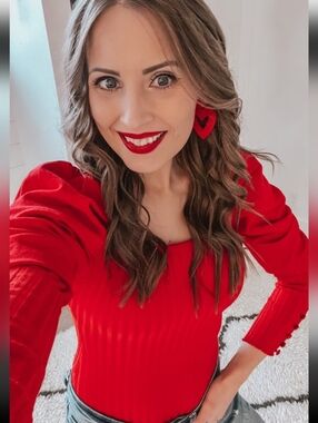 Red Ribbed Puff Sleeve Bodysuit